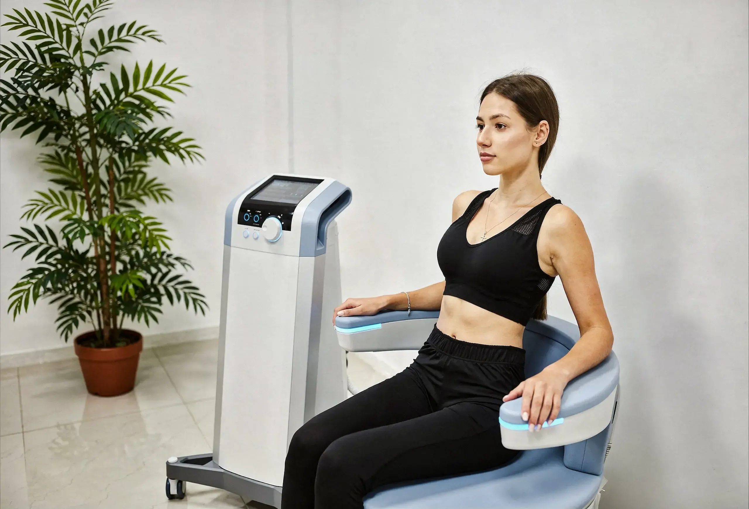 Woman seated on the Emsella chair at Riverstone Wellness in Easley, SC